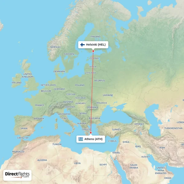 Helsinki - Athens direct flight map