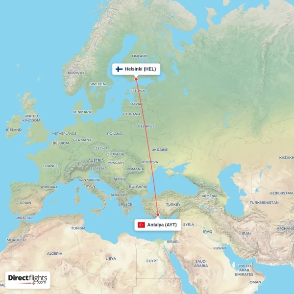 Helsinki - Antalya direct flight map