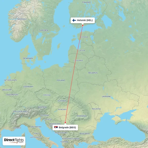 Helsinki - Belgrade direct flight map