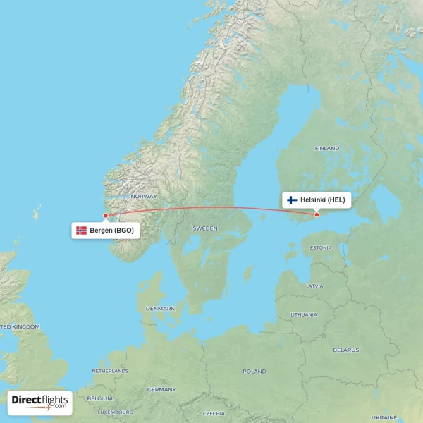 Helsinki - Bergen direct flight map