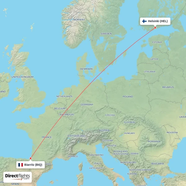 Helsinki - Biarritz direct flight map