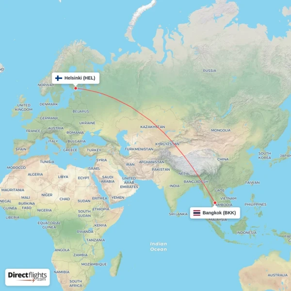 Helsinki - Bangkok direct flight map