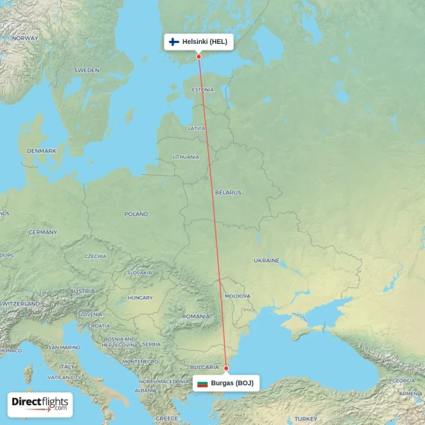 Helsinki - Burgas direct flight map