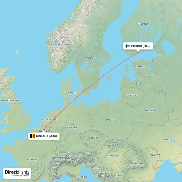 Helsinki - Brussels direct flight map