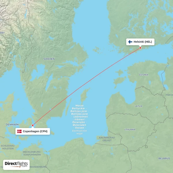 Helsinki - Copenhagen direct flight map