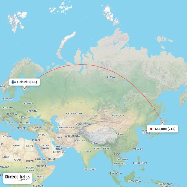 Helsinki - Sapporo direct flight map