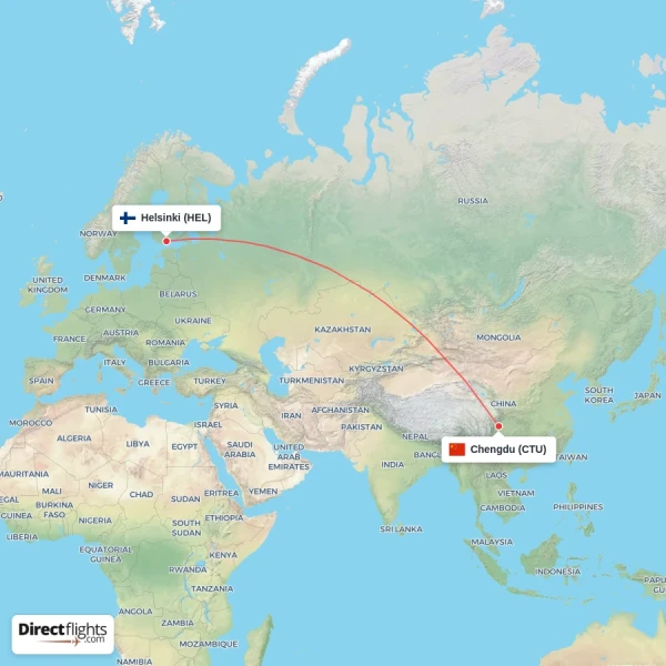 Helsinki - Chengdu direct flight map