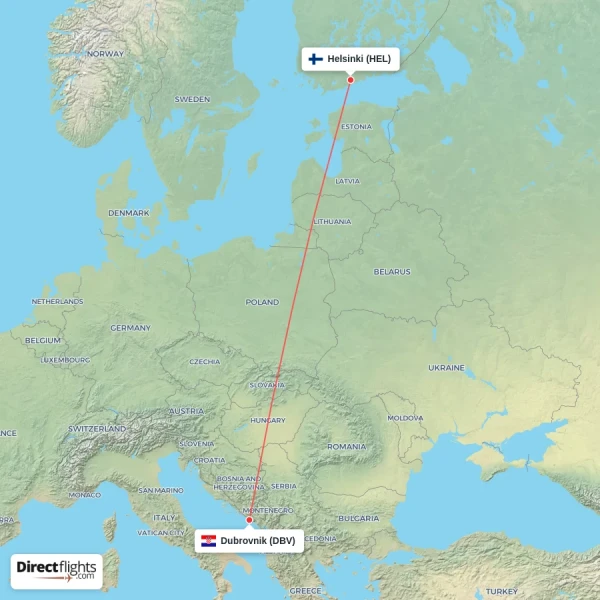 Helsinki - Dubrovnik direct flight map