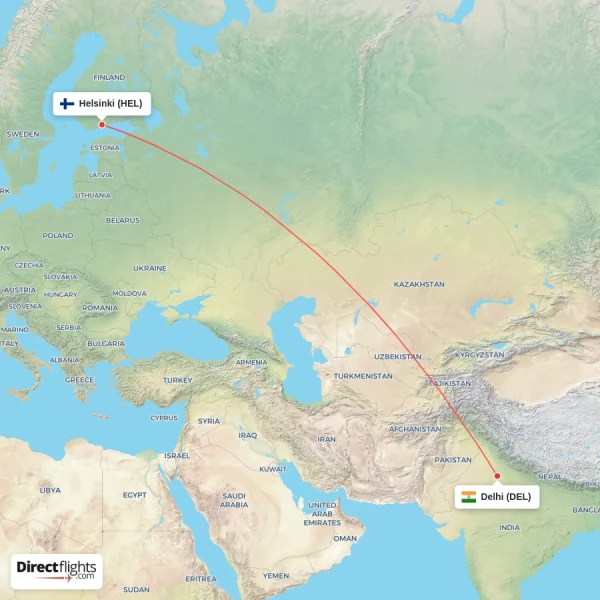 Helsinki - Delhi direct flight map