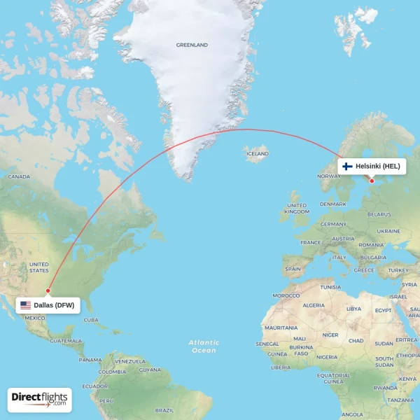 Helsinki - Dallas direct flight map