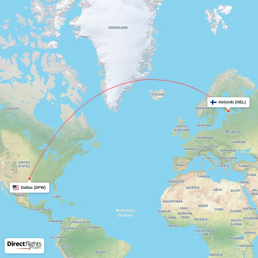 HEL - DFW route map