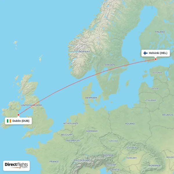Helsinki - Dublin direct flight map