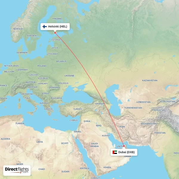 Helsinki - Dubai direct flight map