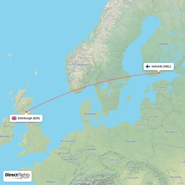 Helsinki - Edinburgh direct flight map