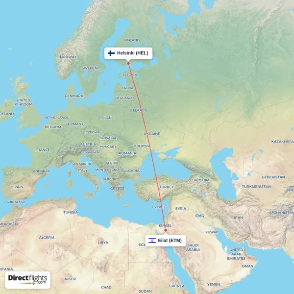 Helsinki - Eilat direct flight map