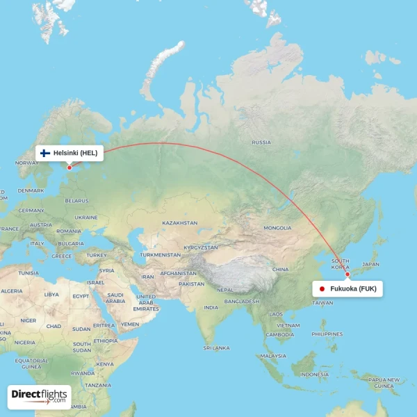 Helsinki - Fukuoka direct flight map