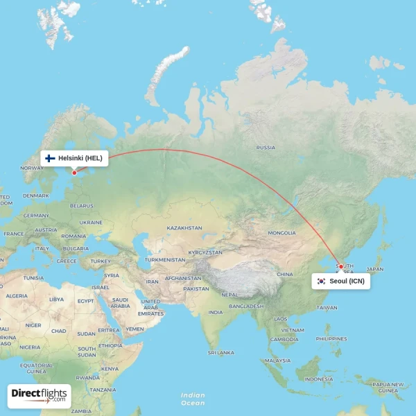 Helsinki - Seoul direct flight map