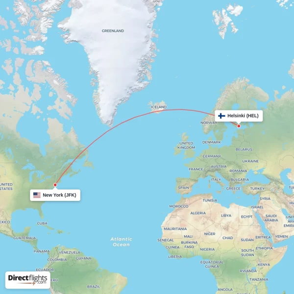 Helsinki - New York direct flight map
