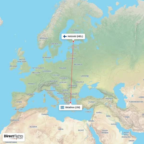 Helsinki - Skiathos direct flight map