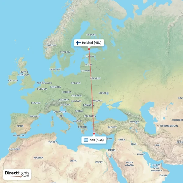 Helsinki - Kos direct flight map