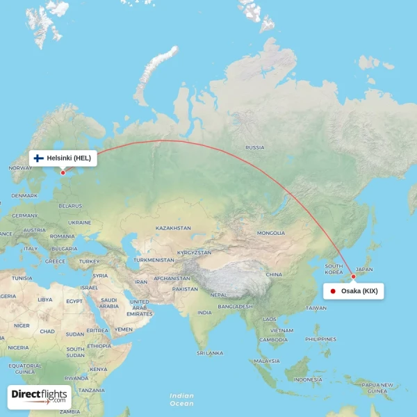 Helsinki - Osaka direct flight map