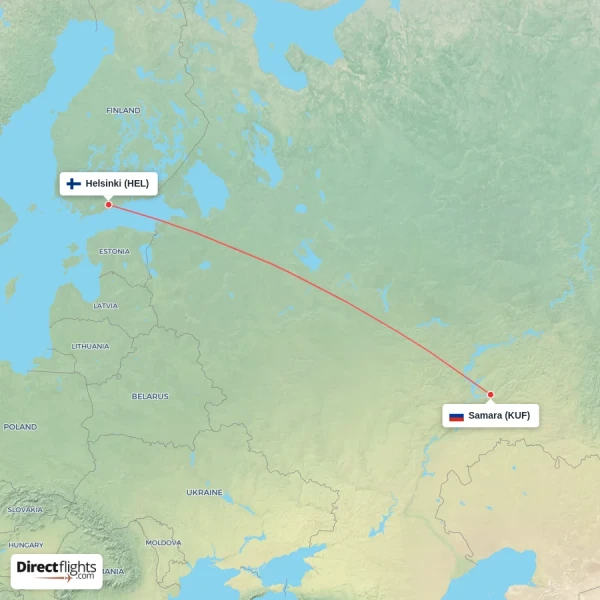 Helsinki - Samara direct flight map