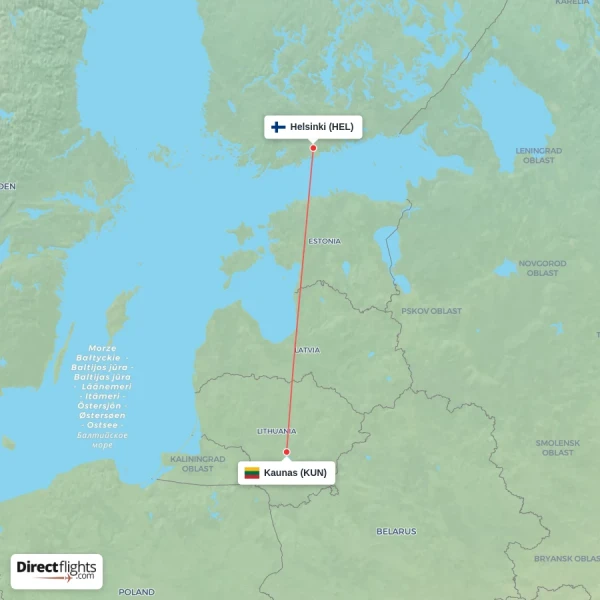 Helsinki - Kaunas direct flight map