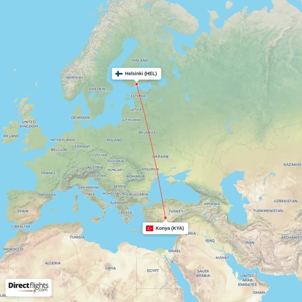 Helsinki - Konya direct flight map