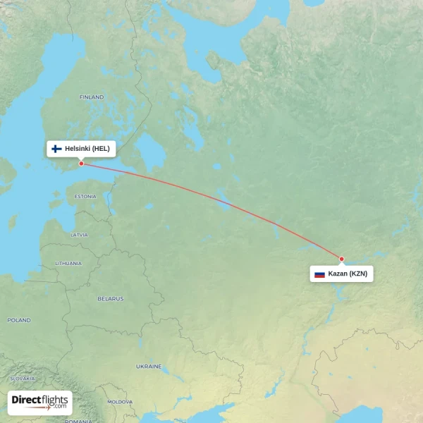 Helsinki - Kazan direct flight map