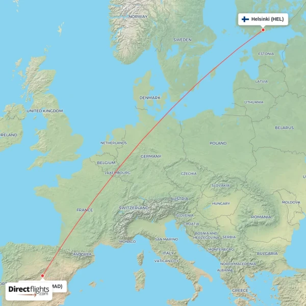 Helsinki - Madrid direct flight map