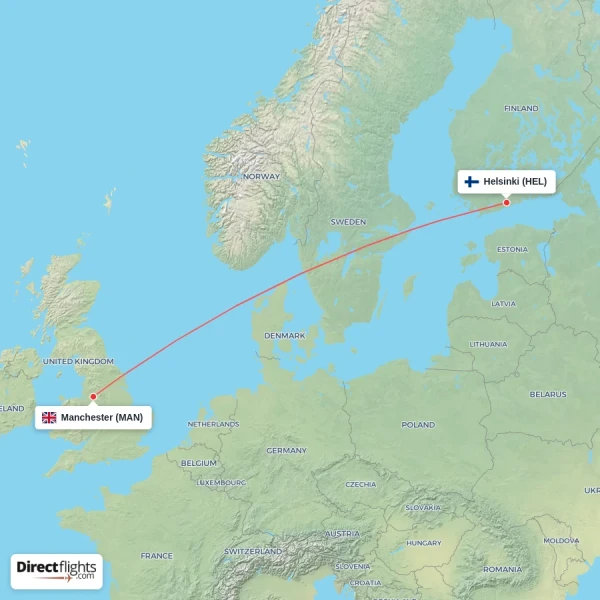 Helsinki - Manchester direct flight map