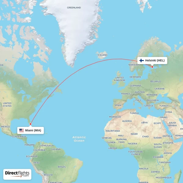 Helsinki - Miami direct flight map