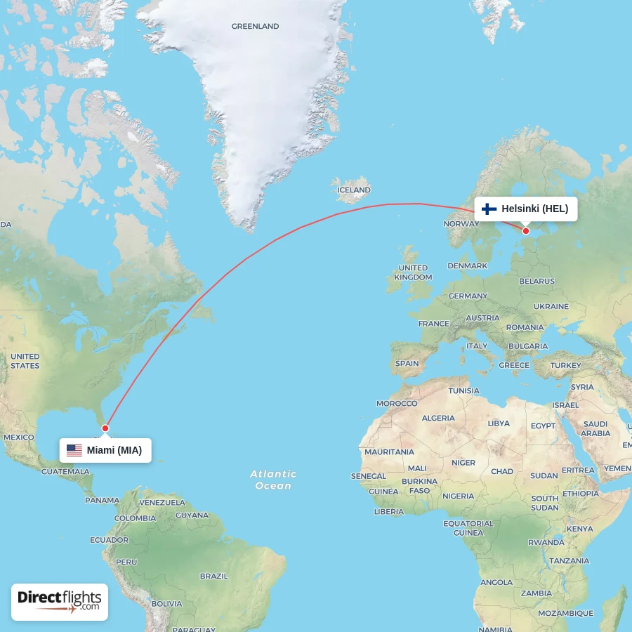 HEL - MIA route map