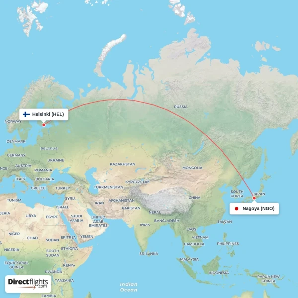 Helsinki - Nagoya direct flight map