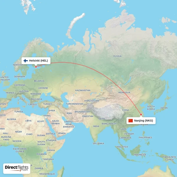 Helsinki - Nanjing direct flight map