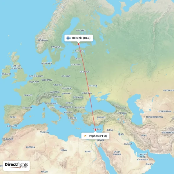 Helsinki - Paphos direct flight map