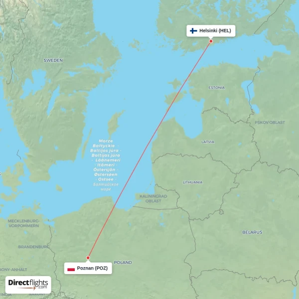 Helsinki - Poznan direct flight map