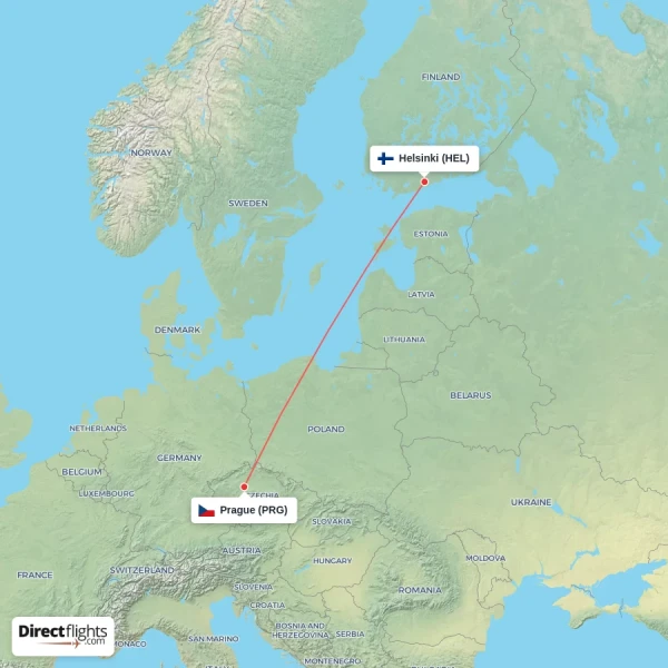 Helsinki - Prague direct flight map