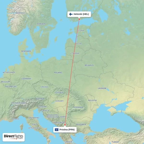 Helsinki - Pristina direct flight map
