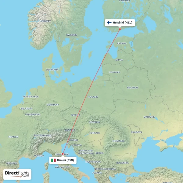 Helsinki - Rimini direct flight map