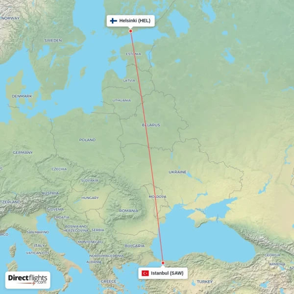 Helsinki - Istanbul direct flight map