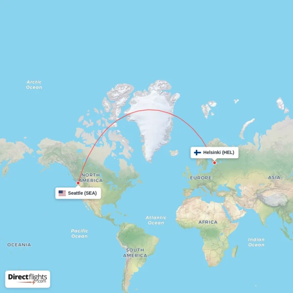 Helsinki - Seattle direct flight map