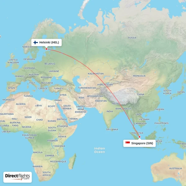 Helsinki - Singapore direct flight map