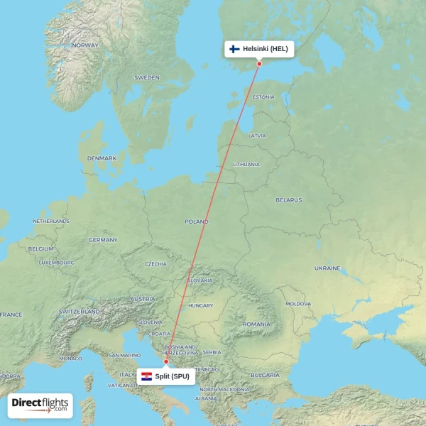 Helsinki - Split direct flight map