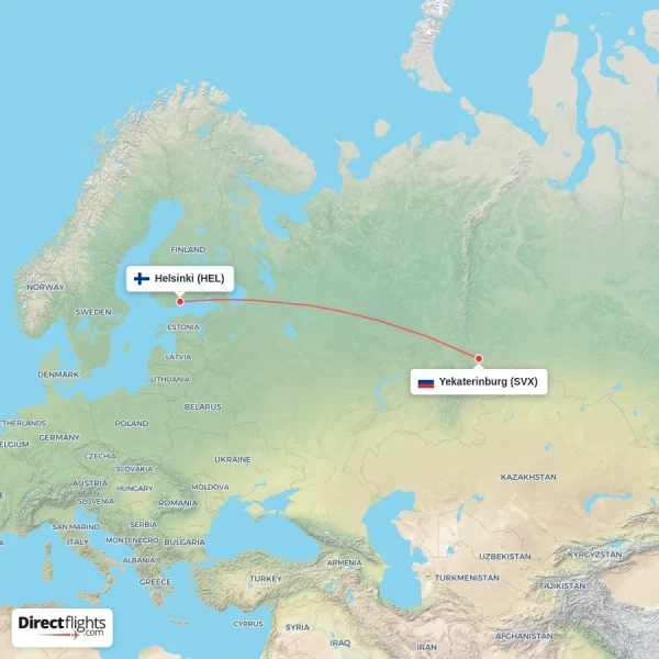 Helsinki - Yekaterinburg direct flight map