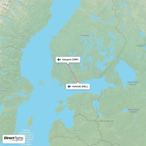 Helsinki - Tampere direct flight map