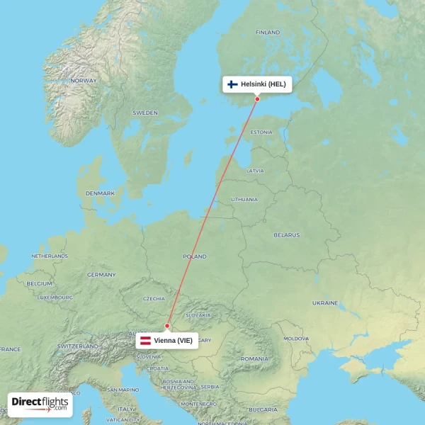 Helsinki - Vienna direct flight map