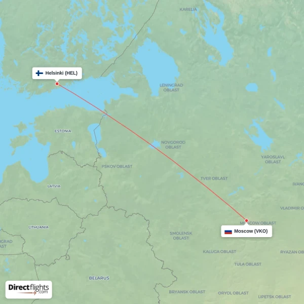 Helsinki - Moscow direct flight map