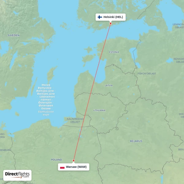 Helsinki - Warsaw direct flight map