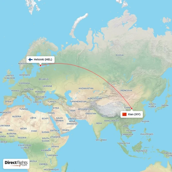 Helsinki - Xian direct flight map